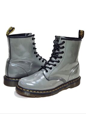 DR MARTENS 1460 Patent Lamper Leather Boots Sz 9 Zinc Grey